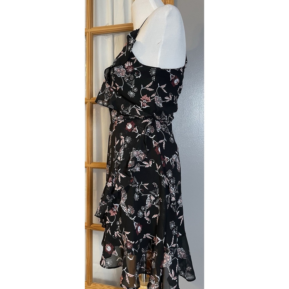 Francesca's Mi Ami Faux Wrap Dress Sz S Black Pink Floral Ruffles City Clubwear - Picture 2 of 14